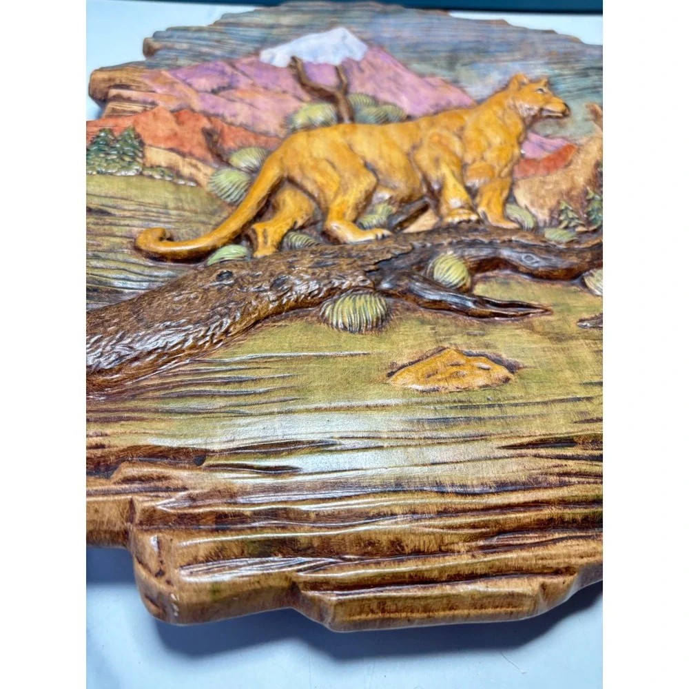 Vintage 3D Mountain Lion Relief Wall Plaque Rustic Wildlife Cabin Decor 12.5in